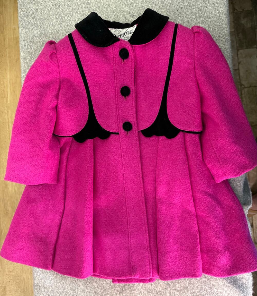 Vintage 70s Rothschild Girls Wool Coat Fuchsia Pink Velvet Trim Union Size 2T